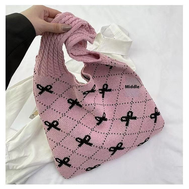 Bow High Sense Light Luxury Minority Shoulder Bag Casual Knitted Woven Bag - Zambeel