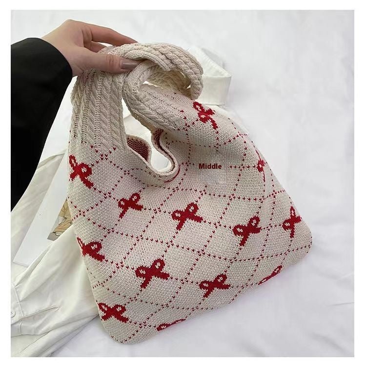 Bow High Sense Light Luxury Minority Shoulder Bag Casual Knitted Woven Bag - Zambeel